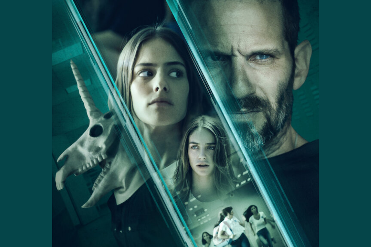 Promotional image of Black Space on Netflix with an image of a unicorn mask, students including Shira, played by Gily Itskovitch and Libi, played by Liana Ayun, and Investogator Rami Davidi, played by Guri Alfi