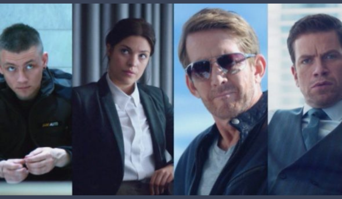 Follow The Money (Bedrag) Season 1 characters featuring Esben Smed as Nicky, Natalie Madueño as Claudia, Thomas Bo Larsen as Mads, and Nikolaj Lie Kaas as Sander