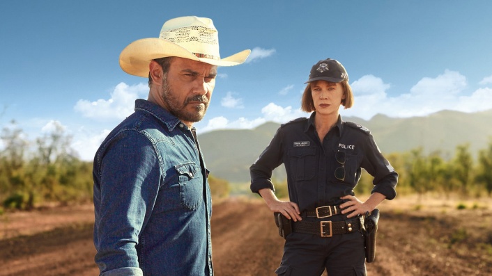 Mystery Road Season 1 promo pic with Aaron Pederson as Jay Swan, and Judy Davis as Emma James