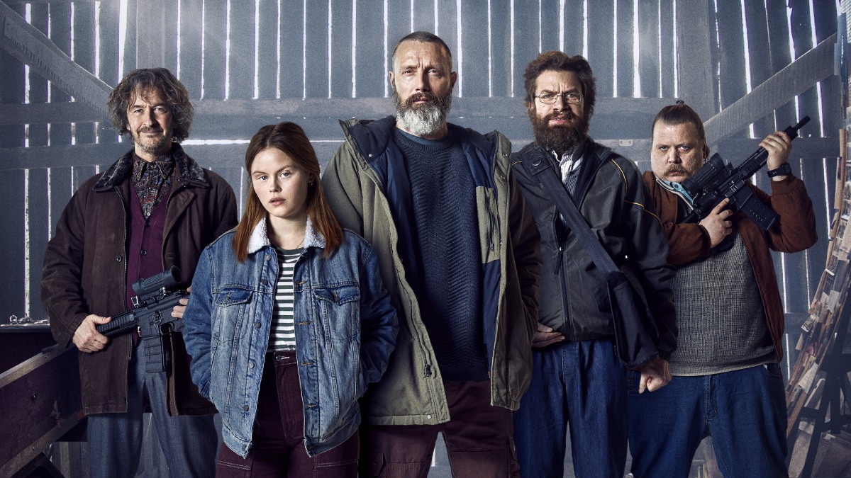 Riders of Justice promo pic with Lars Brygmann as Lennart, Andrea Heick Gadeberg as Mathilde, Mads Mikkelsen as Markus, Nikolaj Lie Kaas as Otto, and Nicholas Bro as Emmenthaler