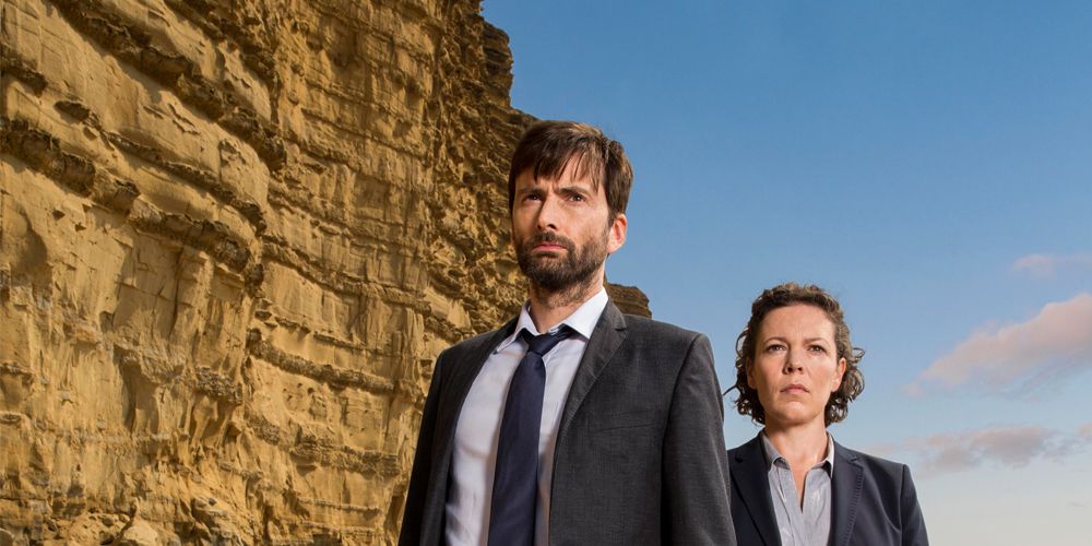 Broadchurch Promo pic with David Tennant as DI Hardy and Olivia Colman as DS Miller