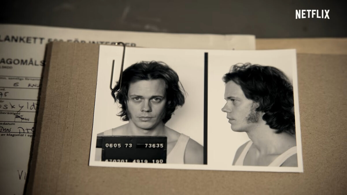 Promo image for Netflix series Clark, with a mug shot of Bill Skarsgård as Swedish criminal Clark Olofsson.