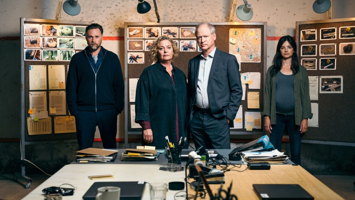 The Truth Will Out Season 2 promo shot, with Christopher Wagelin as Jorma Vitanen, Ia Langhammer as Barbro, Robert Gustafsson as Peter Wendel, and Louise Peterhoff as Caijsa Bergholm