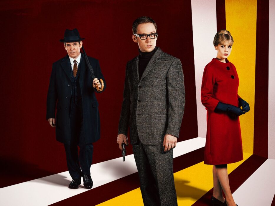The Ipcress File Promo pic with Tom Hollander as Mr Dalby, Joe Cole as Harry Palmer, and Lucy Boynton as Jean Courtney