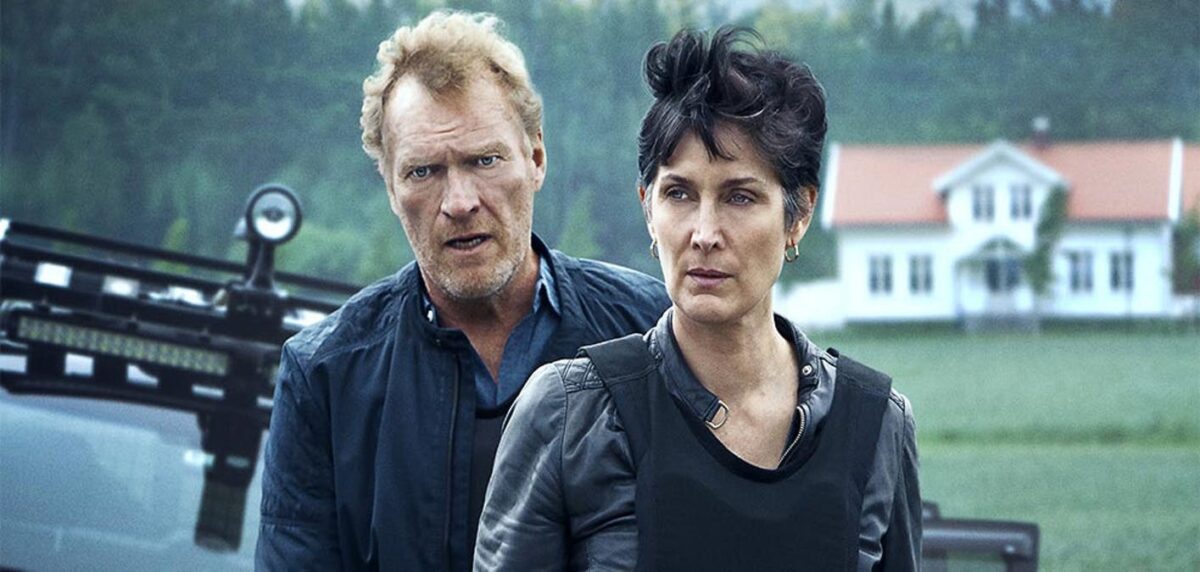 Wisting season 3 promo pic with Sven Nordin as chief inspector William Wisting and Carrie-Ann Moss as Special Agent Maggie Griffin