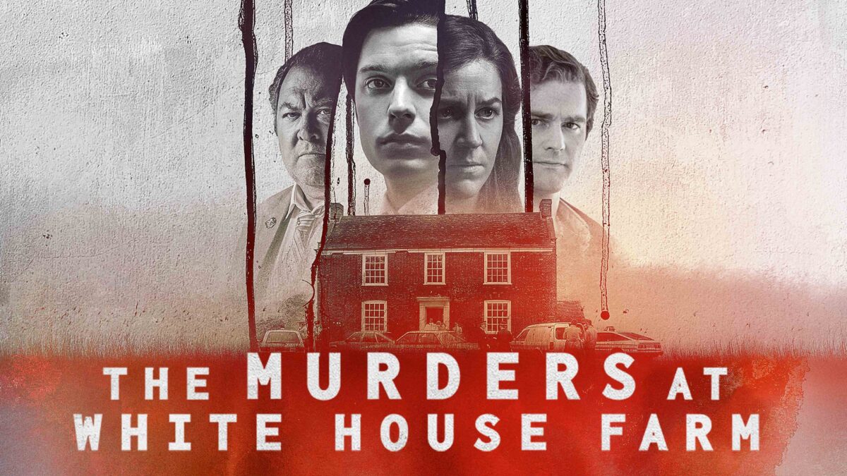 The Murders at White House Farm promo image with MArk Addy as DS Stan Jones, Freddie Fox as Jeremy Bamber, Gemma Whelan as Ann Eaton, and Mark Stanley as Colin Caffell