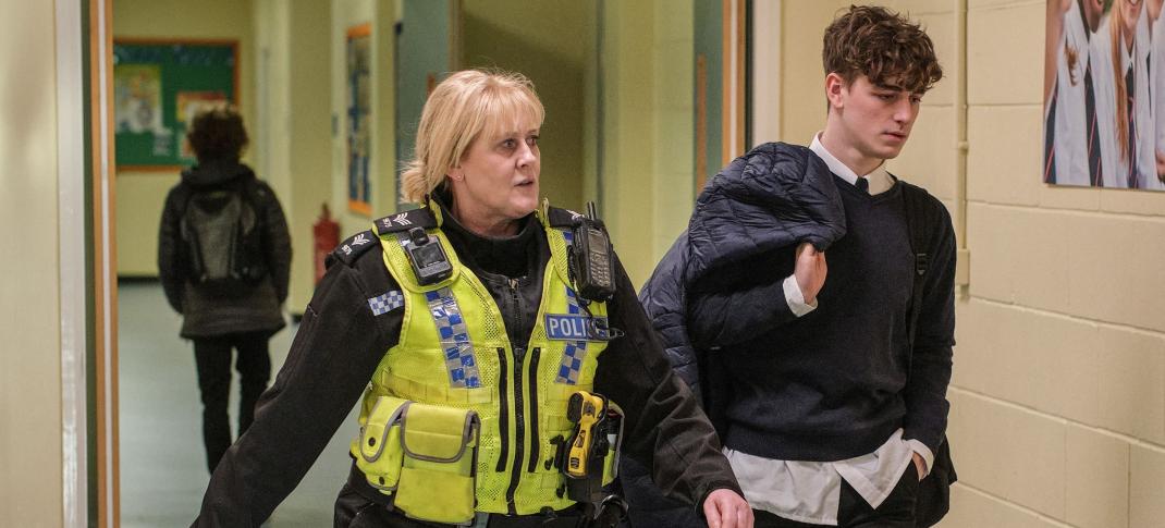 Happy Valley Season 3 still with Sarah Lancashire as Sgt. Catherine Cawood, and Rhys Connah as Ryan Cawood.