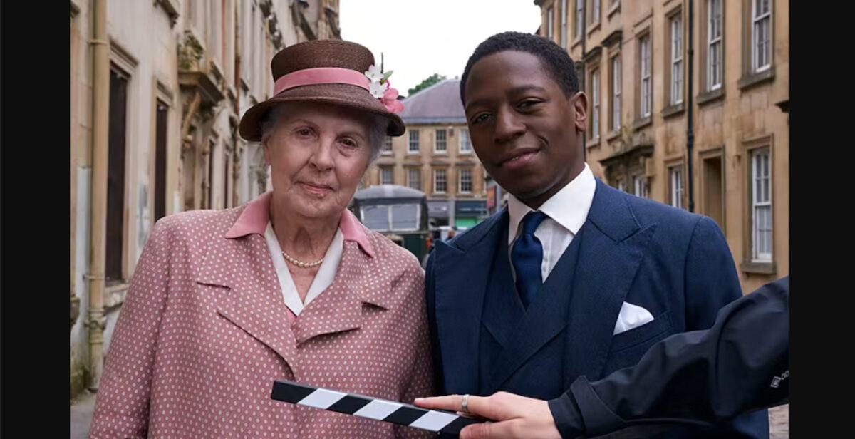 Penelope Wilton and David Jonsson on the set of Agatha Christie's Murder Is Easy